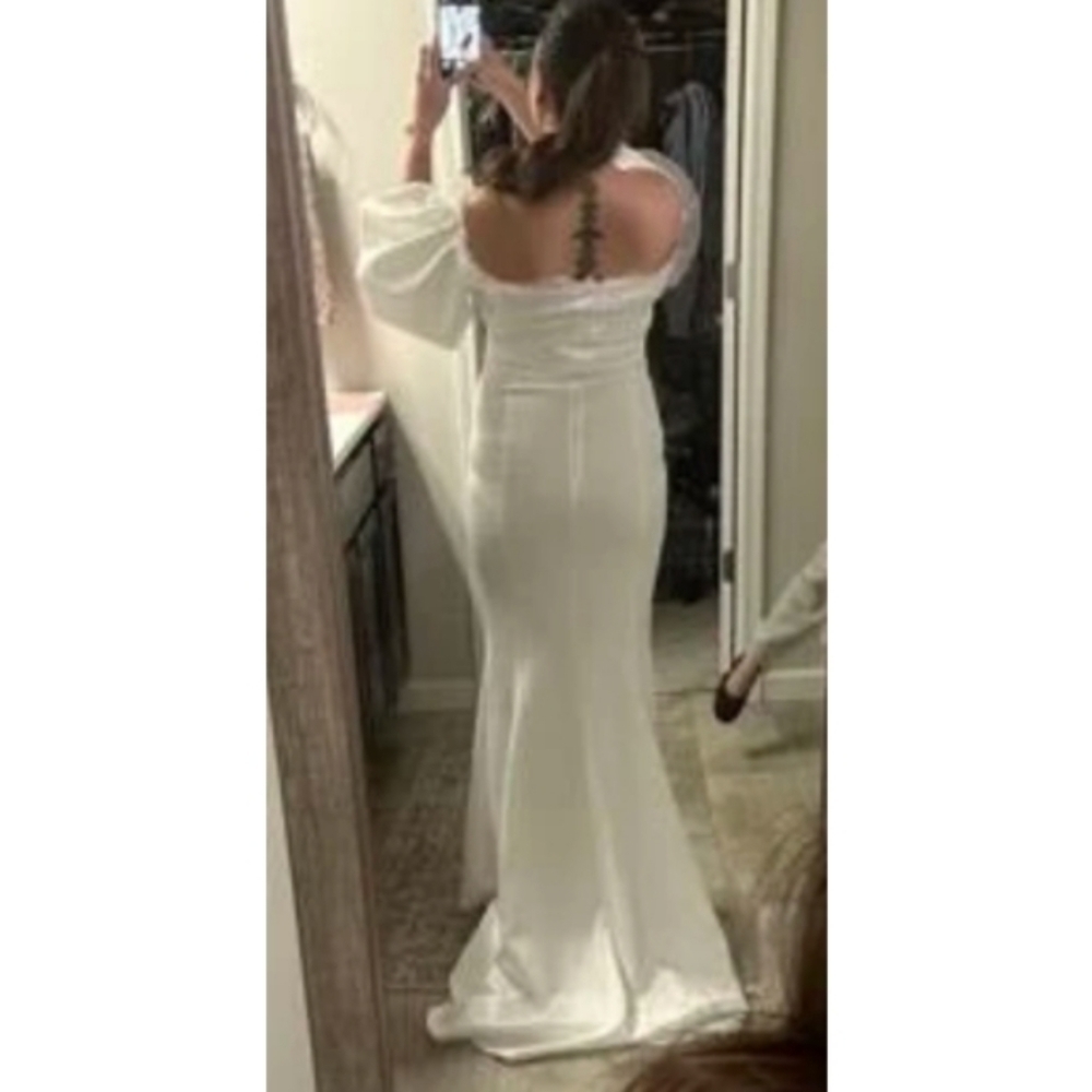 NEW Off Shoulder Contrast Mesh Mermaid Hem White Puff Sleeve Wedding Dre… - Picture 8 of 17